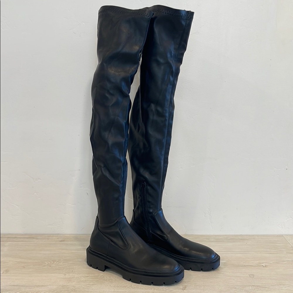 Zara Thigh-High Stretchy Faux Leather Boots [Size 37/6.5]